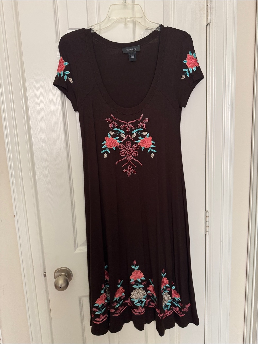 Karen Kane Brown Short-Sleeve Dress with Coral & Teal Floral Embroidery